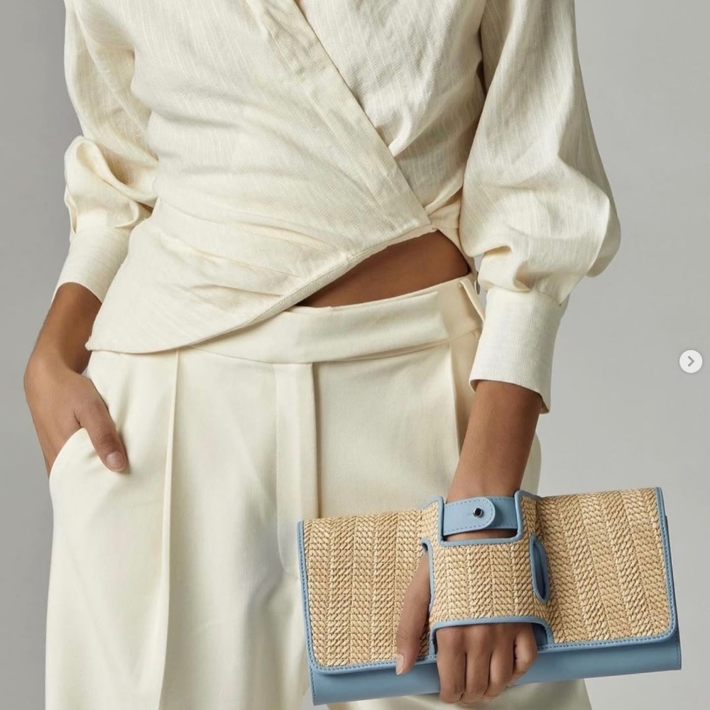 Perrin Paris La Capitale Raffia And Leather Glove Clutch New With Tags